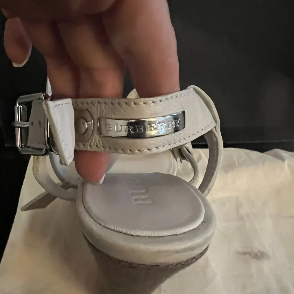 Burberry Brit Check White Leather Goldfinch Wedge Women's Sandals - Picture 3 of 15